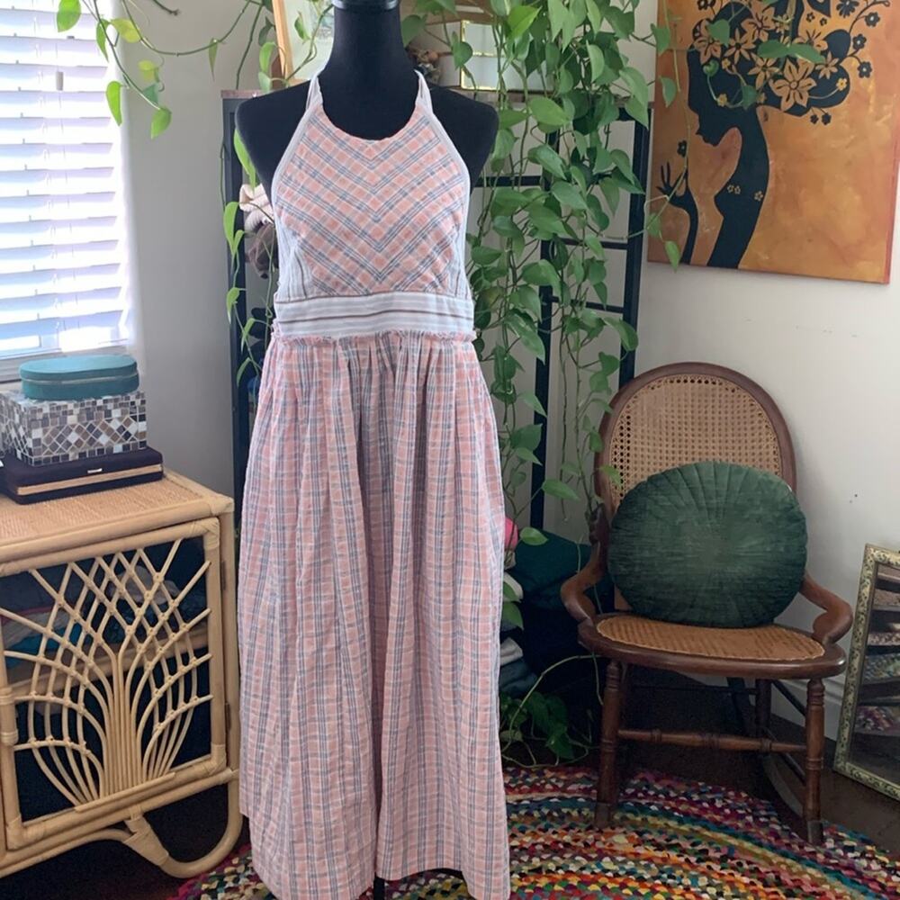 Free People Color Theory Pink Plaid Open Back Boho Hippie Midi Maxi Apron Dress